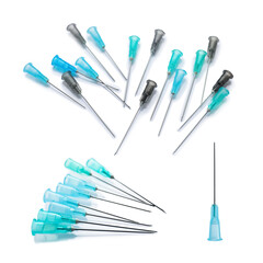 Wall Mural - Disposable syringe needles on white background, collage. Medical equipment