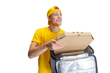 Wall Mural - Close up young delivery man in yellow uniform with paper box with pizza isolated on white background. Concept of convenience, speed, comfort, safety, service.