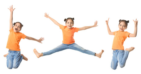 Sticker - Cute little girl jumping on white background, collage. Banner design