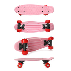 Sticker - Pink skateboards with red wheels on white background, collage. Sport equipment