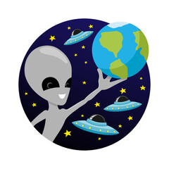 Wall Mural - Illustration of an extraterrestrial alien holding the planet earth in his hand against the background of space.