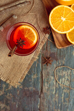 Christmas Mulled Wine On A Rustic Wooden Table. Holidays Concept.