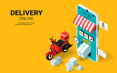 Wall Mural - Online Delivery Service Web Banner Template. Fast delivery on mobile by motorcycle. Online order. tracking, Logistics. Webpage, app design, landing page. Isometric Vector illustration