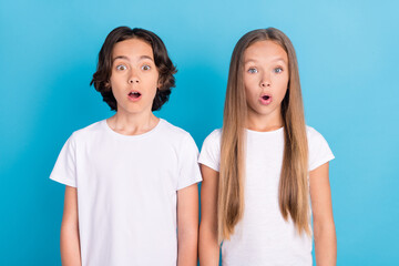 Sticker - Photo portrait children staring amazed opened mouth in casual clothes isolated pastel blue color background