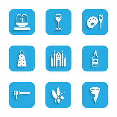 Sticker - Set Milan Cathedral, Olives branch, Slice of pizza, Bottle olive oil, Pasta spaghetti, Grater, Paint brush with palette and Fountain icon. Vector