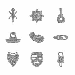 Sticker - Set Beans, Aztec mask, Popsicle ice cream, Cigar, Poncho, Mexican sombrero, guitar and Lizard icon. Vector