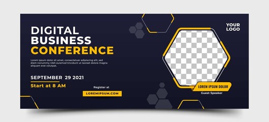 Digital business conference horizontal banner template. Modern banner design with hexagon frame shape. Usable for banner, cover, and header.