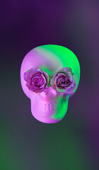 Canvas Print - Skull with flowers in purple and green color lights. Halloween background. Santa Muerte concept.