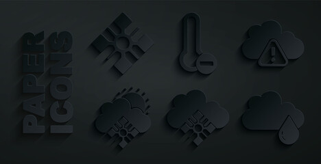 Sticker - Set Cloud with snow, Storm warning, and sun, rain, Meteorology thermometer and Snowflake icon. Vector