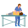 Female doctor chiropractor or osteopath fixing lying womans back with hands movements during visit in manual therapy clinic. Professional chiropractor during work. Vector illustration