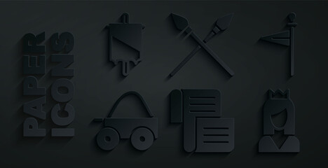 Poster - Set Decree, parchment, scroll, Medieval flag, Wooden four-wheel cart, Princess, Crossed medieval spears and icon. Vector