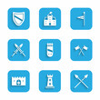 Set Quiver with arrows, Castle tower, Crossed medieval spears, flag, Medieval castle gate, sword, and Shield icon. Vector