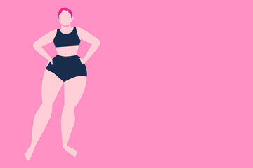 White woman, girl standing in her black underwear, swimsuit. Proud of her body, body positive. Concept on unrealistic feminine beauty standards. Flat vector illustration on pink background for article