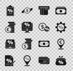 Sticker - Set Purse money percent, Cash location, Gear with, Credit card, Percent discount and monitor, Coin euro symbol, Finance document and Money coin icon. Vector