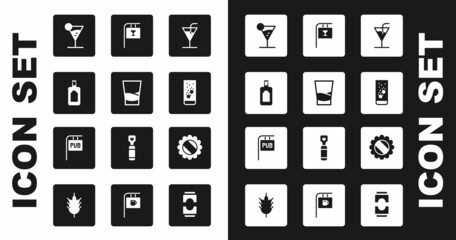 Sticker - Set Cocktail, Glass of vodka, Whiskey bottle, Martini glass, Effervescent tablets water, Street signboard with Bar, Bottle cap and Pub icon. Vector