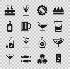 Poster - Set Effervescent tablets in water, Cocktail, Glass of vodka, Bottle cap, Wooden beer mug, Whiskey bottle, Pack bottles and icon. Vector