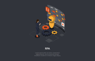 Vector Illustration In Cartoon 3D Style. Isometric Composition With Character And Objects. Robotic Process Work Automation Concept. Modern Software Technology, Artificial Intelligence Programming.