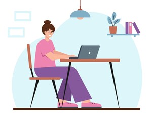 Wall Mural - Young woman with laptop working or learning at home