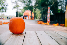 A Single Small Orange Pumpkin Sitting On Top Of Wood Planks At A Fall Festival At A Local Pumpkin Patch