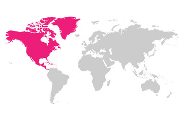 North America continent pink marked in grey silhouette of World map. Simple flat vector illustration.