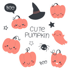 Wall Mural - Cute set of pumpkins, childrens Halloween illustration, vector isolates on a white background, print for t-shirts and fabric.