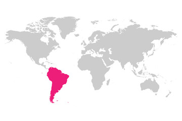 Sticker - South America continent pink marked in grey silhouette of World map. Simple flat vector illustration.
