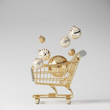 Minimal Mock Up Background For Christmas And Winter Holiday Concept. Christmas Bauble And Golden Shopping Cart On White Background. 3d Render Illustration. Clipping Path Of Each Element Included.