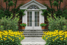 Front Door Of House Surrounded By Bright Yellow Daisies