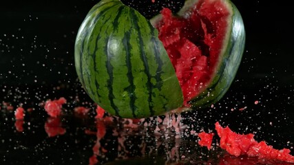 Super Slow Motion Shot of Falling and Cracking Whole Water Melon at 1000 fps.
