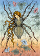 Mystical spider-woman in a web among flowers, watercolor illustration with a contour in art nouveau or art nouveau style.