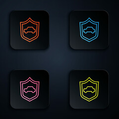 Sticker - Color neon line Car with shield icon isolated on black background. Insurance concept. Security, safety, protection, protect concept. Set icons in square buttons. Vector