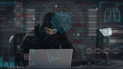 Poster - Animation of data processing over hacker with laptop