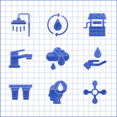 Poster - Set Cloud with rain, Water drop, tap, Washing hands soap, filter, Well bucket and Shower icon. Vector