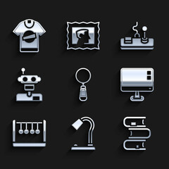 Poster - Set Magnifying glass, Table lamp, Book, Computer monitor screen, Pendulum, Robot, Gamepad and T-shirt icon. Vector