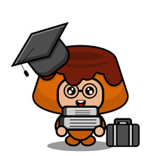 Vector Cartoon Character Mascot Costume Food Cute Brown Cake Carrying Bag And Books Wearing College Graduation Hat