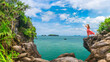 Traveler woman on cliff sea beach joy nature scenic panorama view landscape island, Adventure attraction place tourist travel Thailand summer holiday vacation trip, Tourism beautiful destination Asia