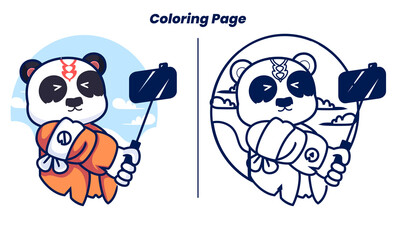 Wall Mural - panda taking photo with coloring pages