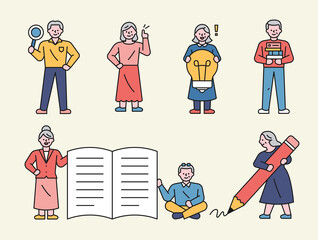 Wall Mural - senior life character. elderly characters standing holding education icons.