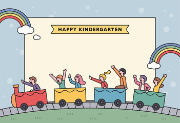 Wall Mural - cute children are riding the train. there is a large white banner in the background. vector design i