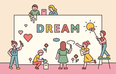 Wall Mural - young students are painting on a large wall. vector design illustrations.
