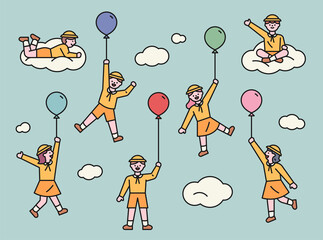 Wall Mural - kindergarten children are holding balloons and flying in the sky. vector design illustrations.