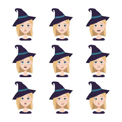 Set of facial expressions of a woman with blonde hair and blue eyes wearing a pointed witch hat. Different female emotions. Attractive cartoon character for Halloween fall holiday in costume