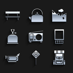 Canvas Print - Set Radio with antenna, Parking, Hiking backpack, Open matchbox and matches, Cinema camera, Camping gas stove, Mountains and Bench icon. Vector