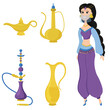 Cartoon character Princess Jasmine. Golden treasures lamp, vessel, decanter and hookah