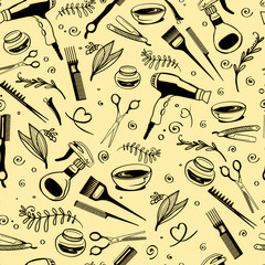 Seamless pattern with tools for cutting and dyeing hair. Hairdresser pattern. Doodle combs, scissors, brushes.