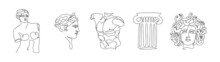 Ancient Greek Statues. One Line Antique Sculptures, Hand Drawn Mythology Characters. Vector Minimalist Art