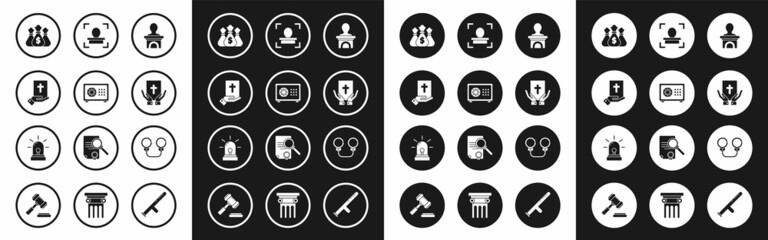 Sticker - Set Stage stand or debate podium rostrum, Safe, Oath on the Holy Bible, Money bag, Face recognition, Handcuffs and Flasher siren icon. Vector