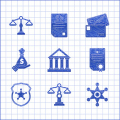 Sticker - Set Courthouse building, Scales of justice, Hexagram sheriff, Certificate template, Police badge, Hand holding money bag, Envelope and icon. Vector