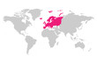 © pyty - Europe continent pink marked in grey silhouette of World map. Simple flat vector illustration.