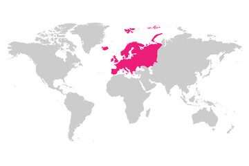  Europe continent pink marked in grey silhouette of World map. Simple flat vector illustration.